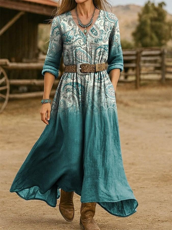 Special V-Neck Paisley Print Maxi Dress