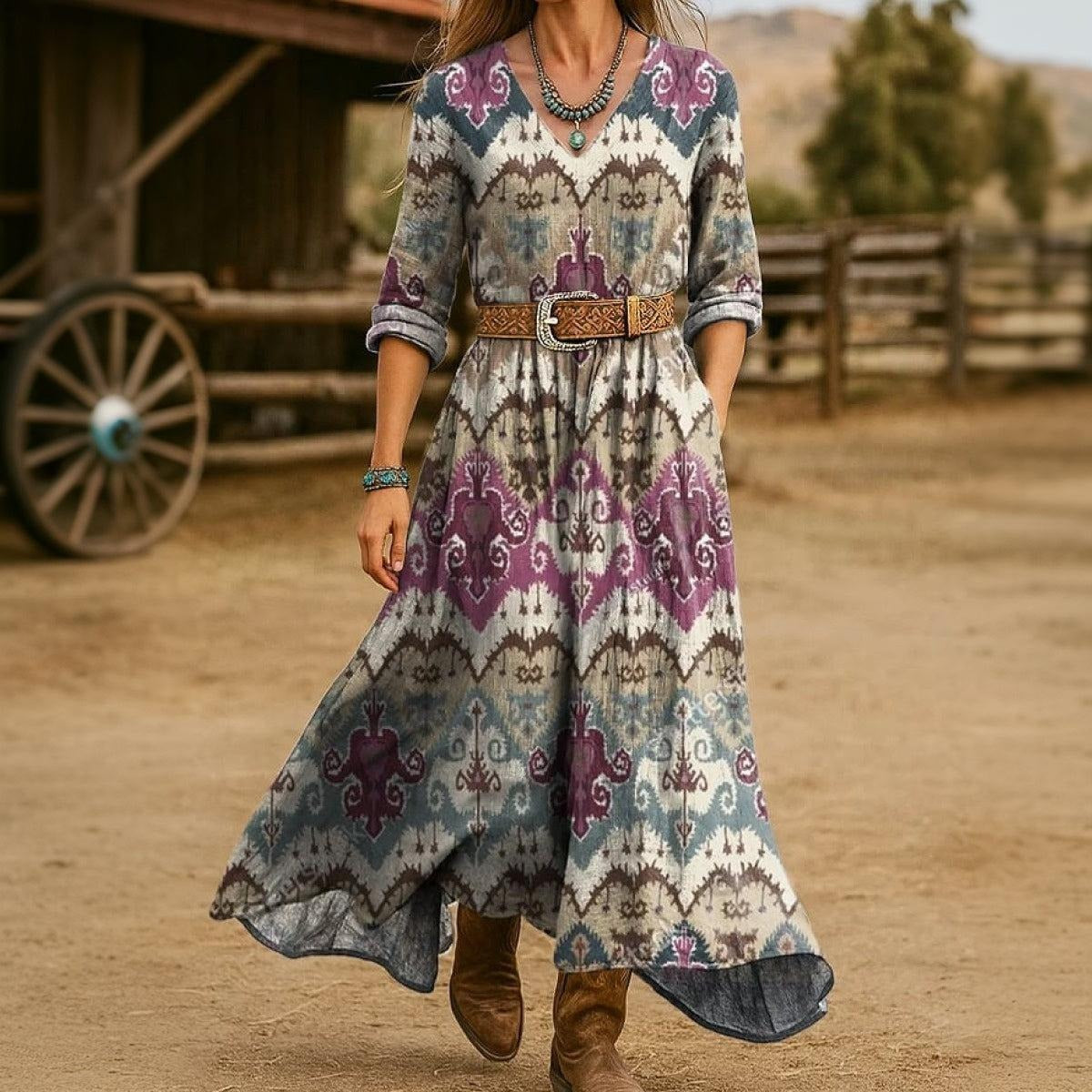 Special V-Neck Long Sleeve Maxi Dress