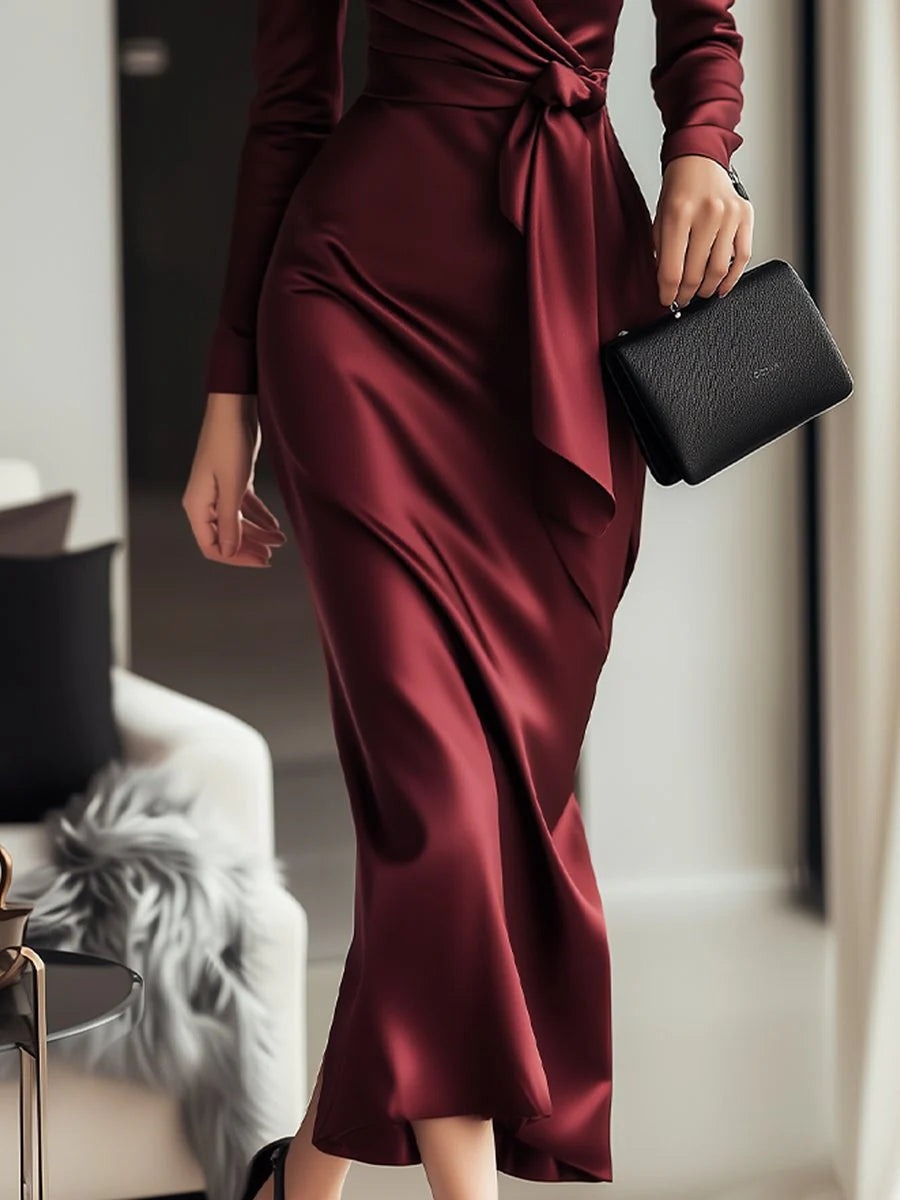Burgundy Long Sleeve Plain Maxi Dress