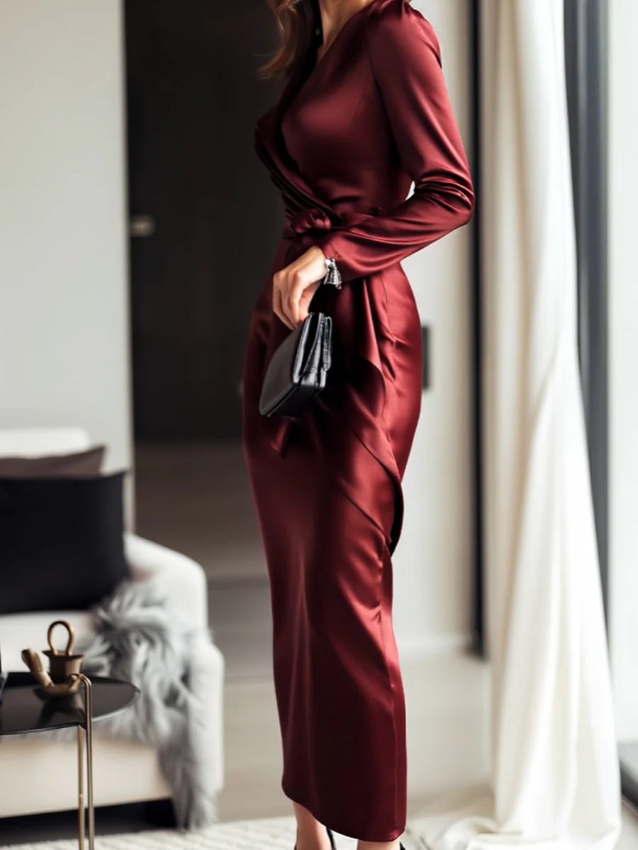 Burgundy Long Sleeve Plain Maxi Dress