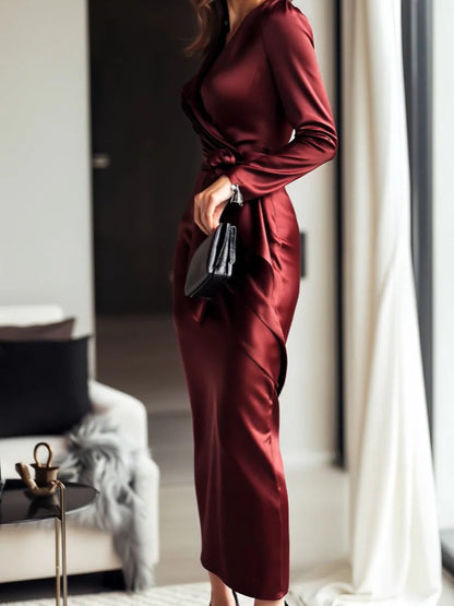 Burgundy Long Sleeve Plain Maxi Dress