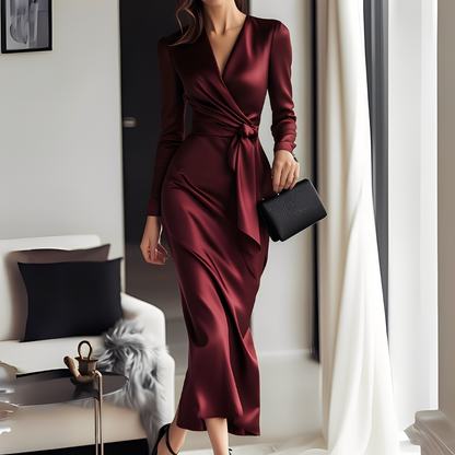 Burgundy Long Sleeve Plain Maxi Dress