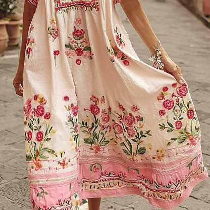 Sweet Short Sleeve Pink Midi Dress