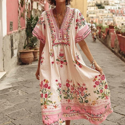 Sweet Short Sleeve Pink Midi Dress