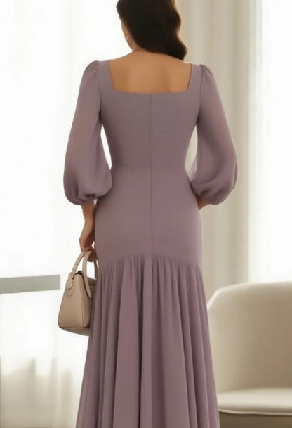 Purple Square Collar Ruffle Maxi