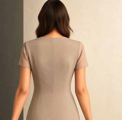 Taupe Round Neck Short Sleeve Ruffled Midi Dress