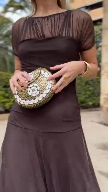 Brown Sheer Mesh Short - Sleeve Maxi Dress