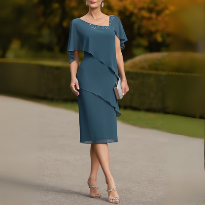 Blue V Neck Layer Knee-Length Dress