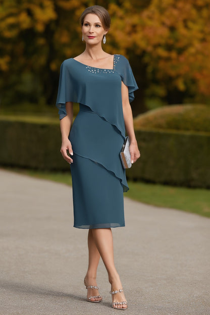 Blue V Neck Layer Knee-Length Dress