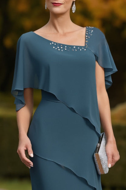 Blue V Neck Layer Knee-Length Dress