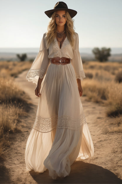 Boho Lace Swing Dress White V Neck Maxi Dress