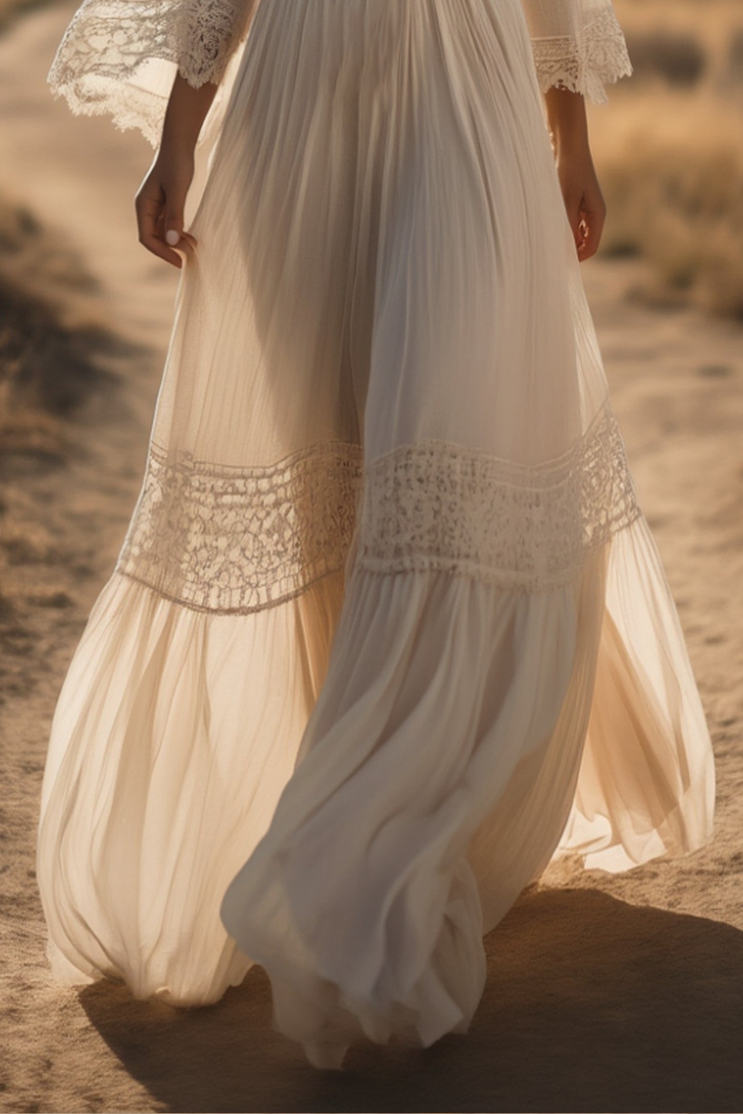 Boho Lace Swing Dress White V Neck Maxi Dress