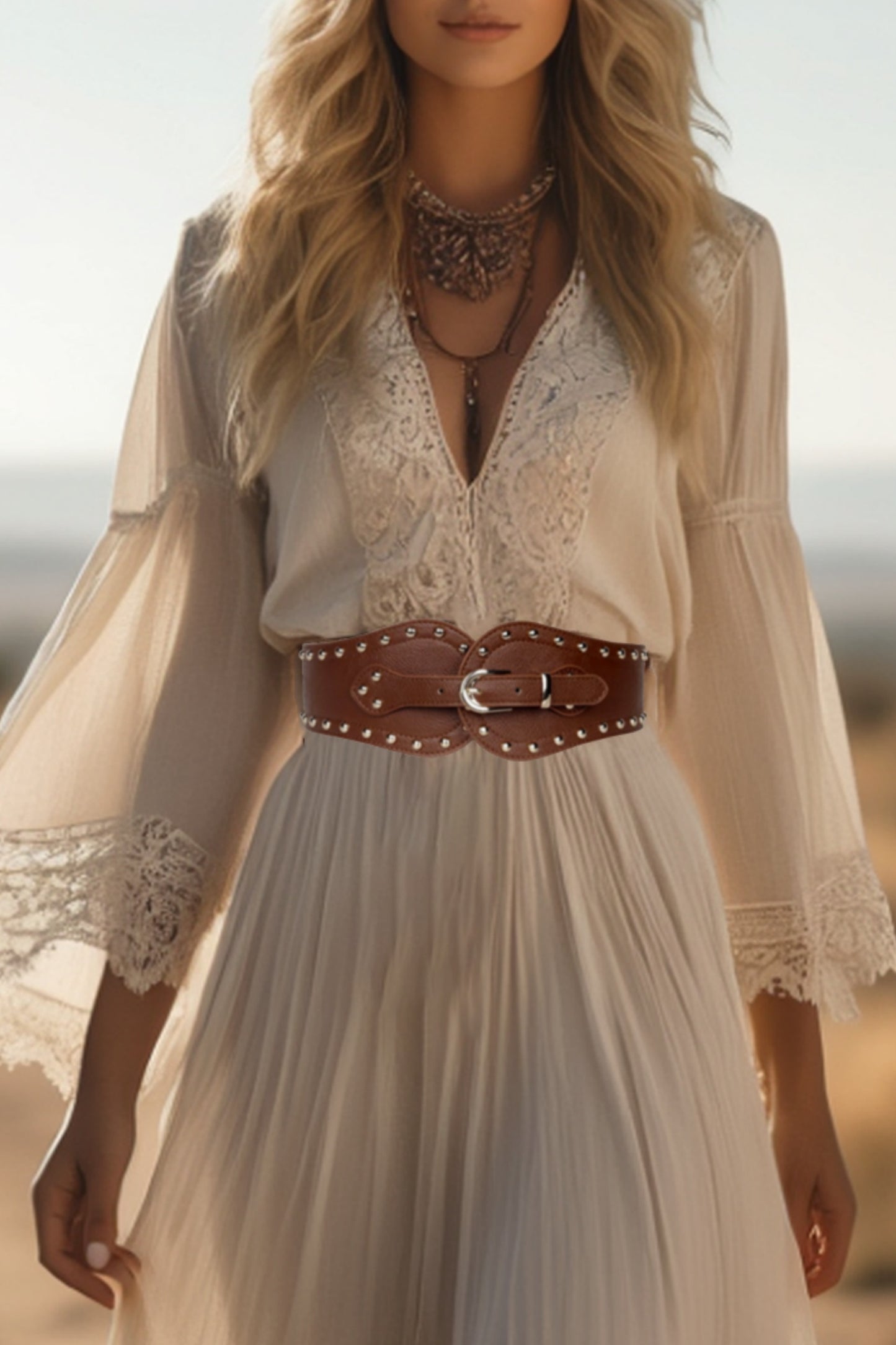 Boho Lace Swing Dress White V Neck Maxi Dress