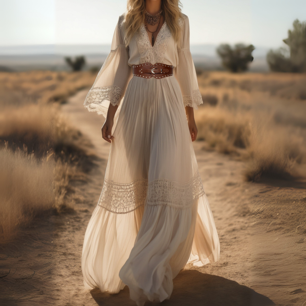 Boho Lace Swing Dress White V Neck Maxi Dress