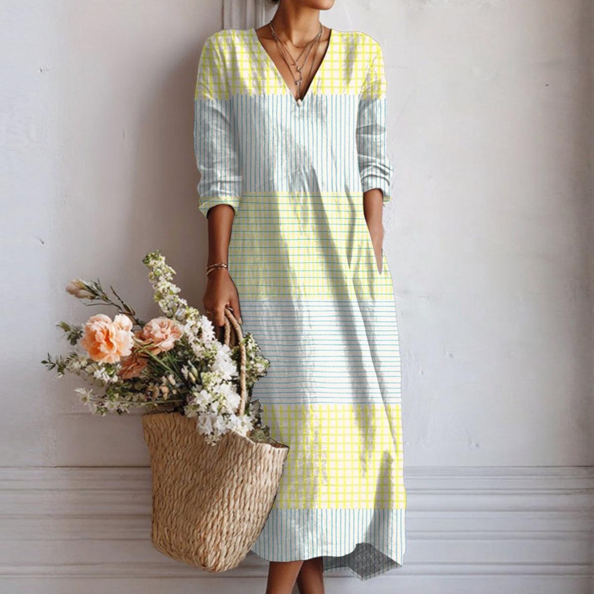 Chic V-Neck Striped Midi Dress