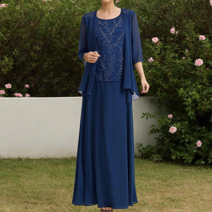 Blue Round Neck Two Piece Midi Dress