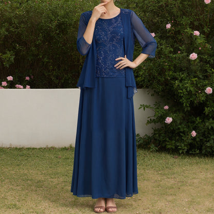 Blue Round Neck Two Piece Midi Dress