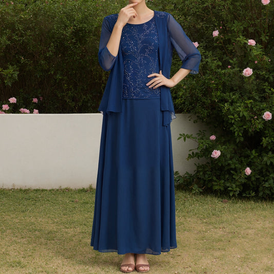 Blue Round Neck Two Piece Midi Dress