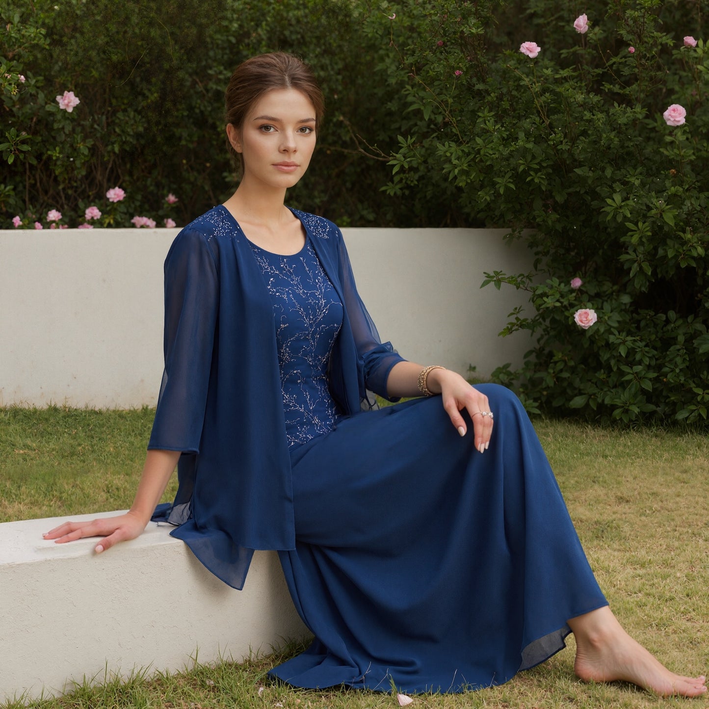 Blue Round Neck Two Piece Midi Dress