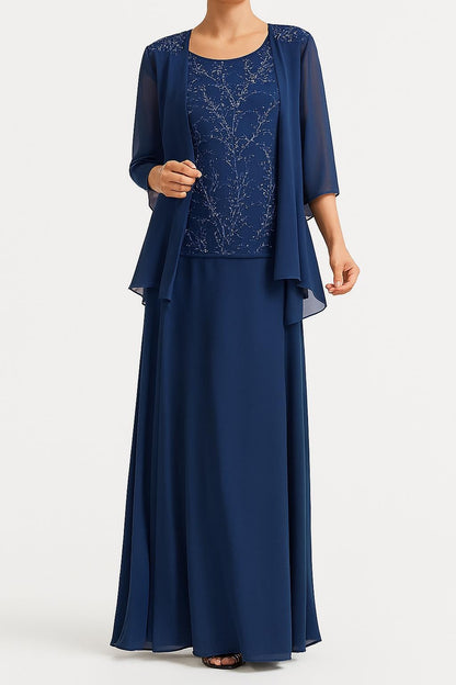 Blue Round Neck Two Piece Midi Dress