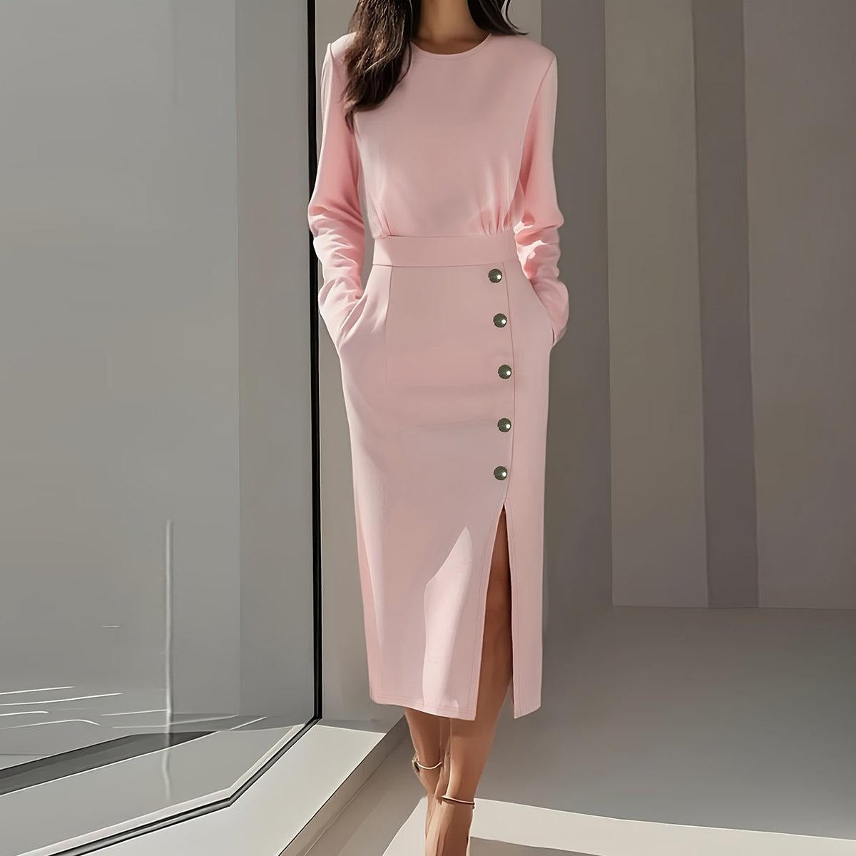 Pink Long Sleeve Plain Midi Dress