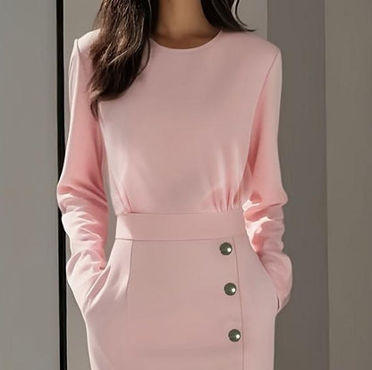 Pink Long Sleeve Plain Midi Dress