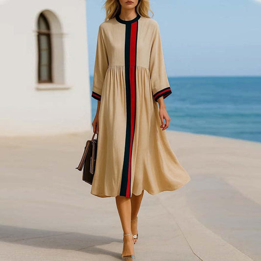 Beige Striped Round Neck Midi Dress