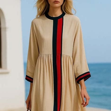 Beige Striped Round Neck Midi Dress
