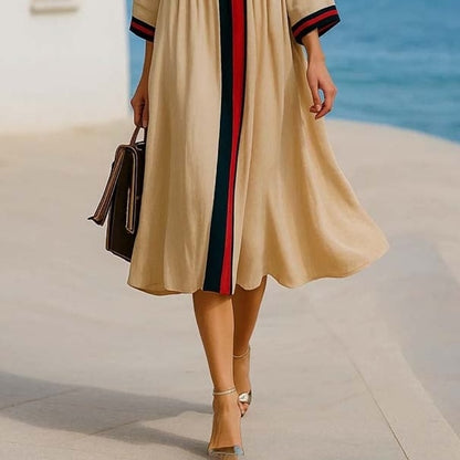Beige Striped Round Neck Midi Dress