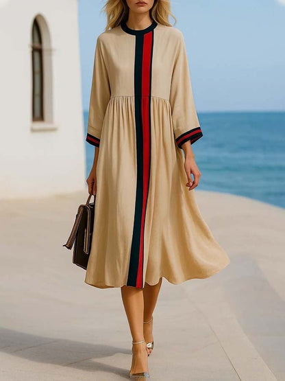 Beige Striped Round Neck Midi Dress