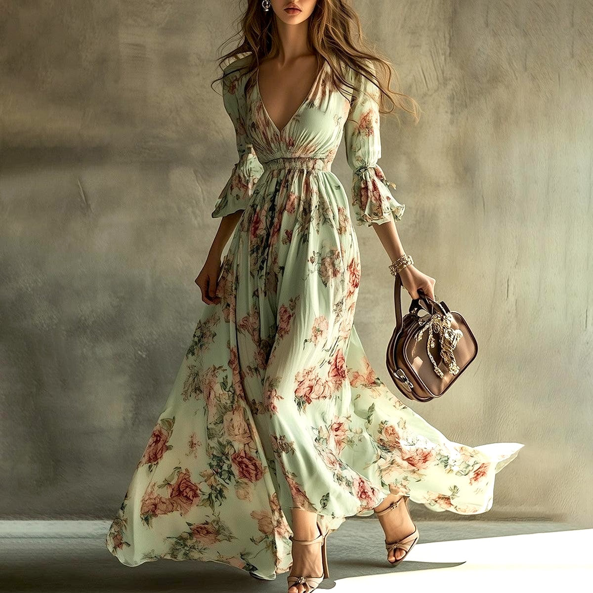 Romantic V-Neck 3/4 Sleeve Maxi Dress
