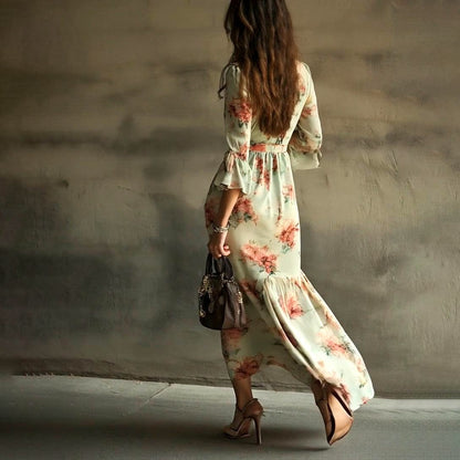 Romantic V-Neck 3/4 Sleeve Maxi Dress