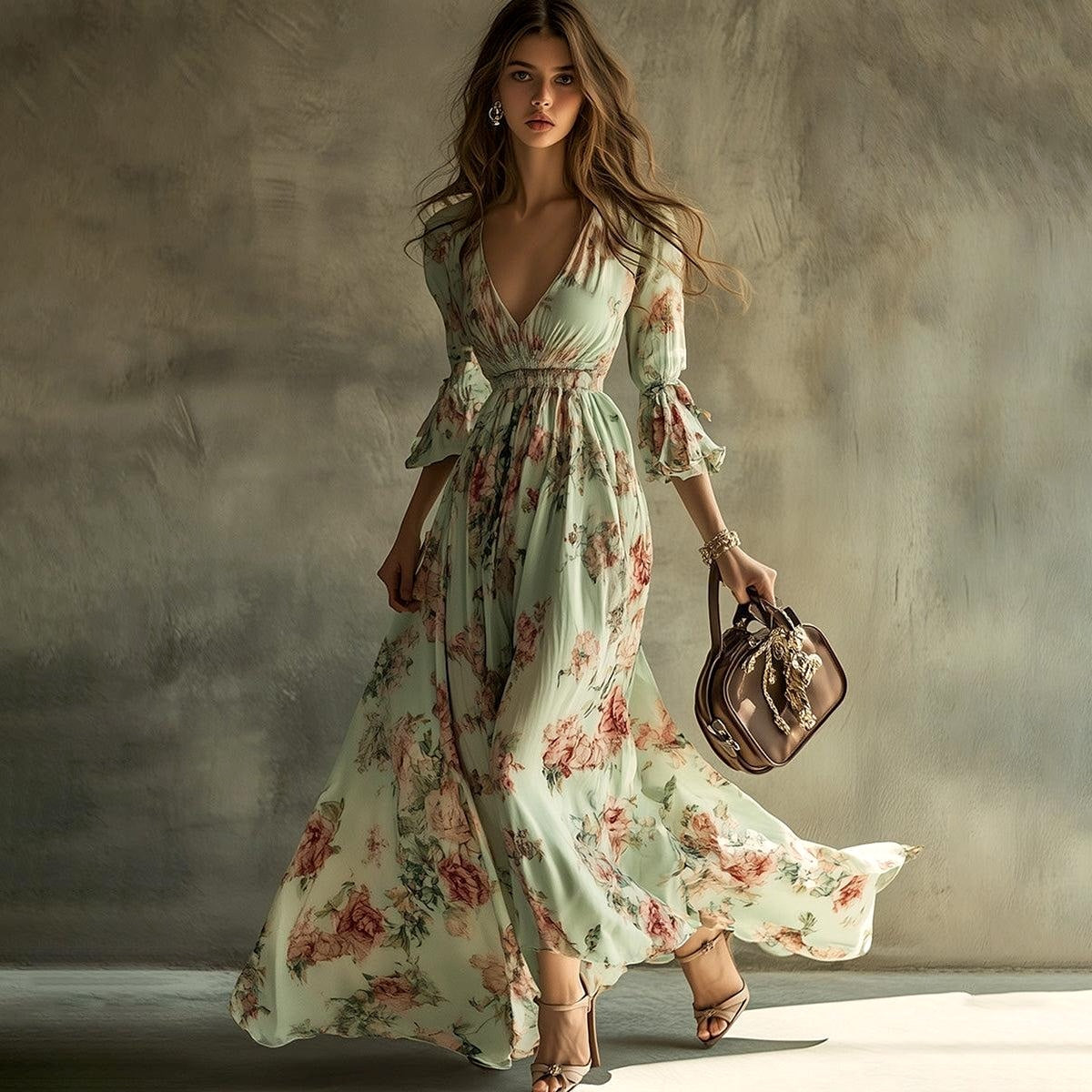 Romantic V-Neck 3/4 Sleeve Maxi Dress