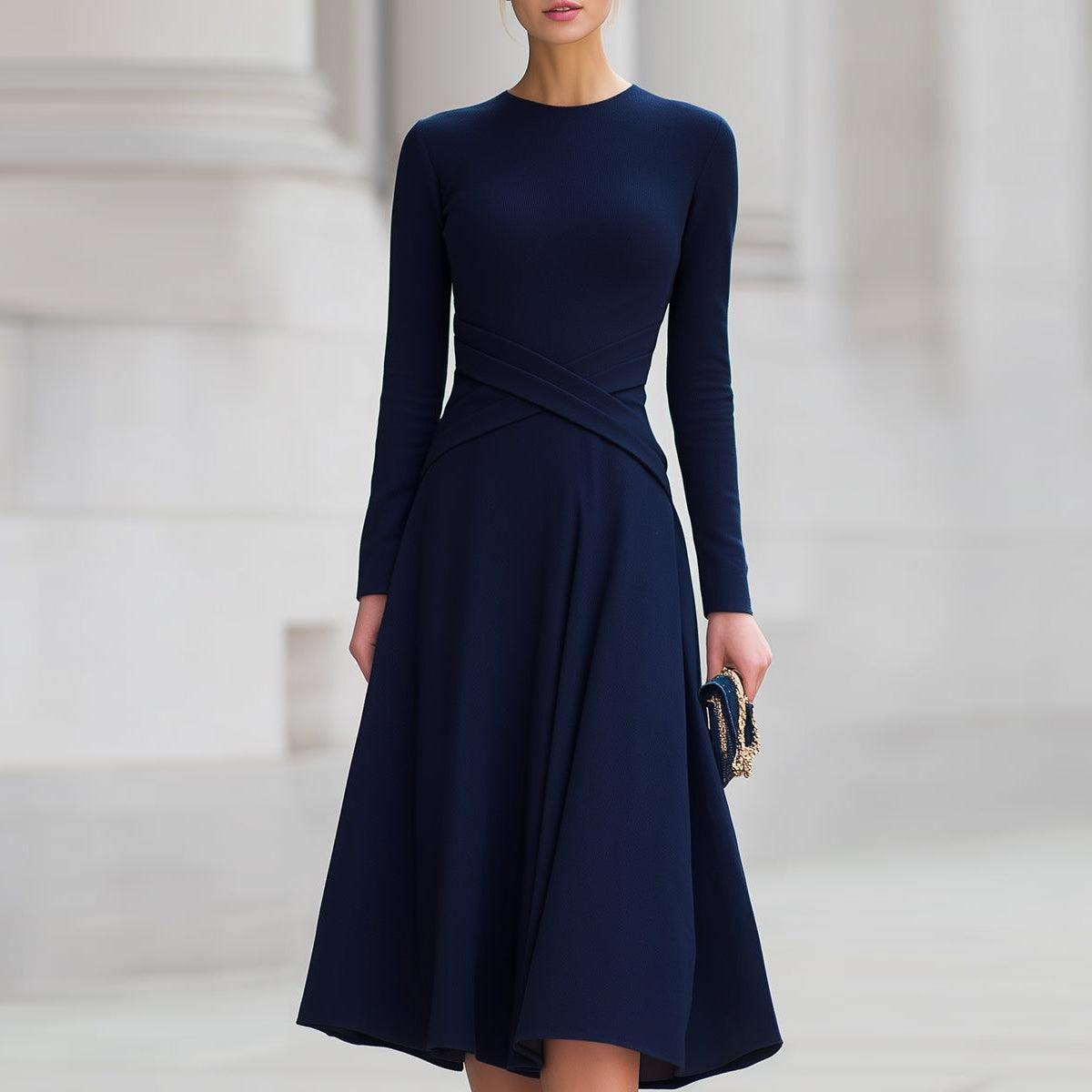 Navy Plain Long Sleeve Midi Dress
