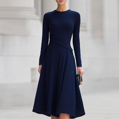 Navy Plain Long Sleeve Midi Dress