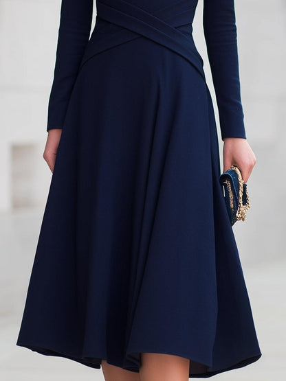 Navy Plain Long Sleeve Midi Dress