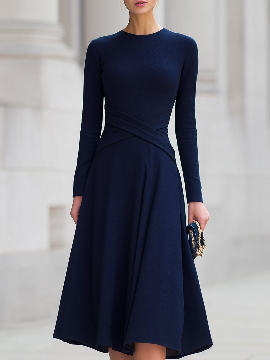 Navy Plain Long Sleeve Midi Dress