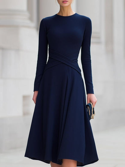 Navy Plain Long Sleeve Midi Dress