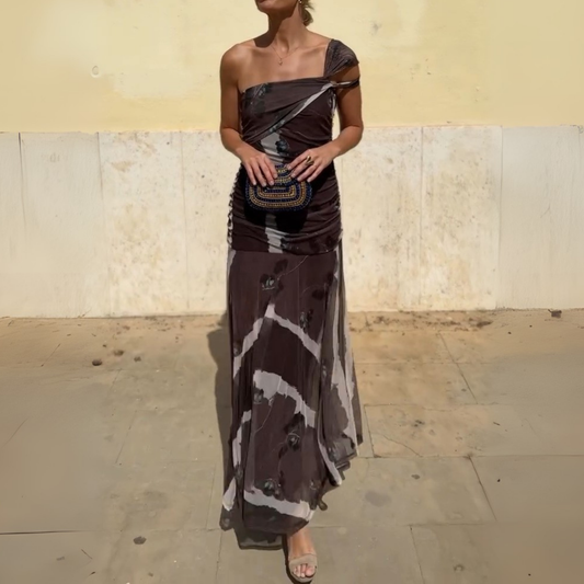 Mocha Abstract Print One-Shoulder Maxi Dress