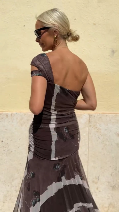 Mocha Abstract Print One-Shoulder Maxi Dress