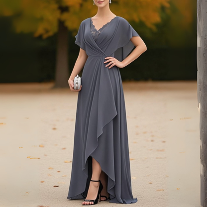 Slate Grey Lace-Trimmed Asymmetric Maxi Dress