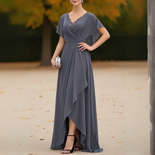 Slate Grey Lace-Trimmed Asymmetric Maxi Dress
