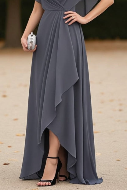 Slate Grey Lace-Trimmed Asymmetric Maxi Dress