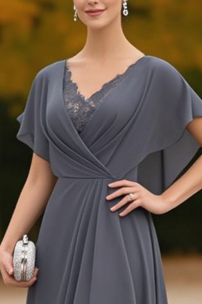 Slate Grey Lace-Trimmed Asymmetric Maxi Dress