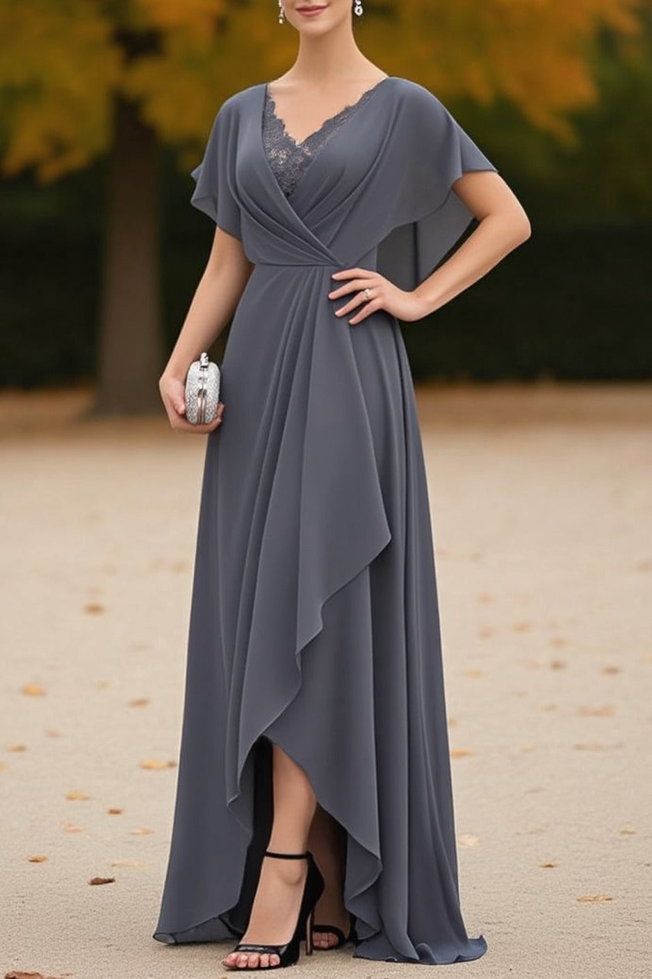 Slate Grey Lace-Trimmed Asymmetric Maxi Dress
