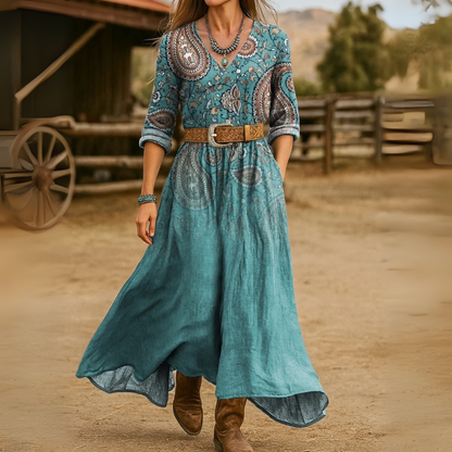 Vintage Paisley Print Long Sleeves Cotton Dress