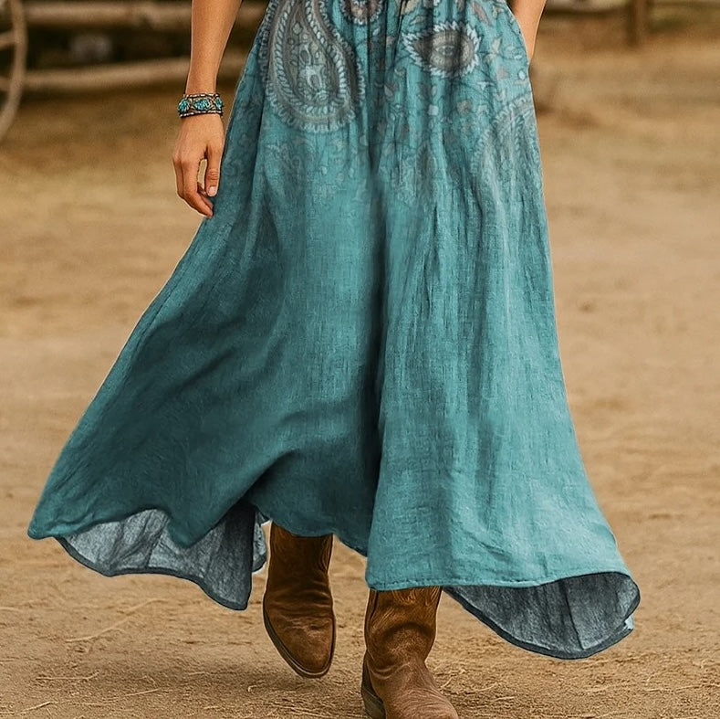 Vintage Paisley Print Long Sleeves Cotton Dress