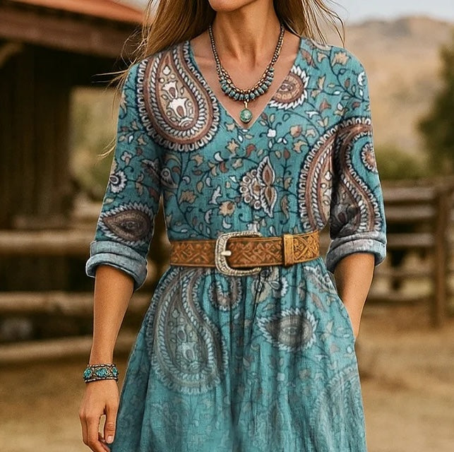 Vintage Paisley Print Long Sleeves Cotton Dress