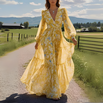 Fashion Yellow V-neck Stitching Chiffon Dress