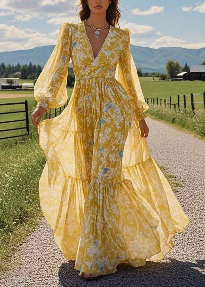 Fashion Yellow V-neck Stitching Chiffon Dress